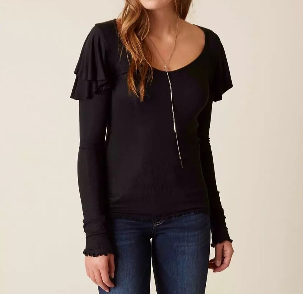 We The Free People On Rewind Black Ruffled Shoulder Longsleeve Blouse Size XS